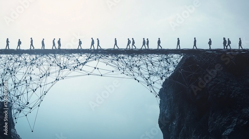 People walking on a network bridge connecting two cliffs.