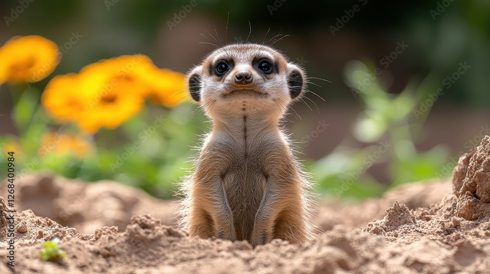 Fototapeta premium A curious meerkat stands in sandy soil with flowers in the background.