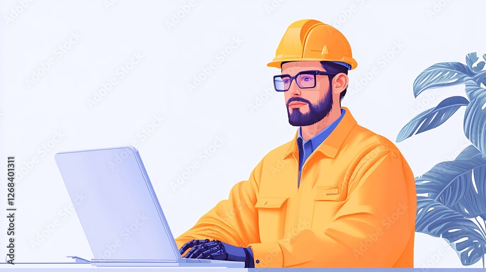 Construction Professional Wearing Safety Gear Working on Laptop in Modern Workspace Construction Professional Wearing Safety Gear Working on Laptop in Modern Workspace