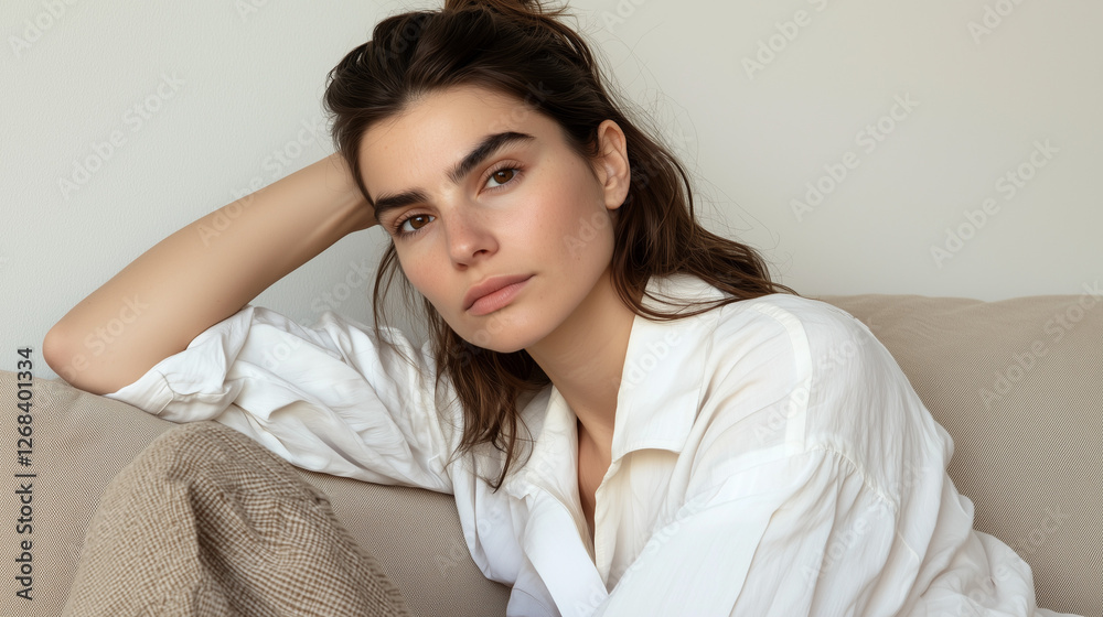 Relaxed Woman in White Shirt Sitting Comfortably on Sofa, Looking Thoughtful Relaxed Woman in White Shirt Sitting Comfortably on Sofa, Looking Thoughtful