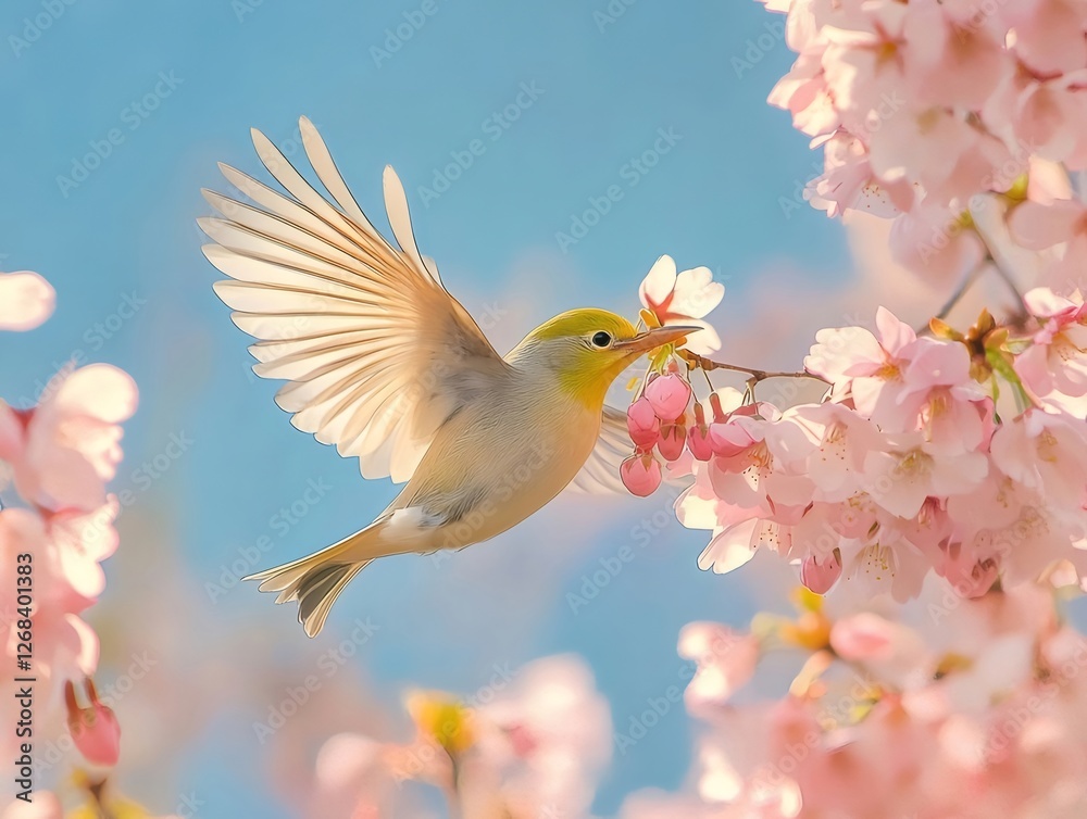 Bird in flight, cherry blossoms, spring, garden, nature, serenity, poster Bird in flight, cherry blossoms, spring, garden, nature, serenity, poster
