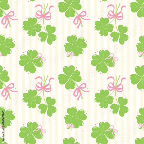Seamless Pattern Coquette St Patricks Day four Leaf Clover with Ribbon Bow Isolated on Background