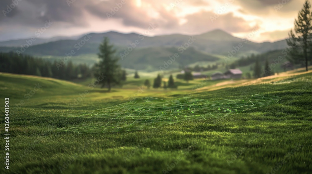 Fototapeta premium Serene Landscape with Green Data Grid Overlay Nature Meets Technology