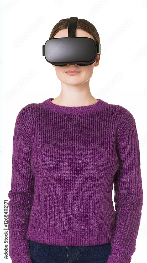 Woman Wearing VR Headset And Purple Knitted Sweater Woman Wearing VR Headset And Purple Knitted Sweater