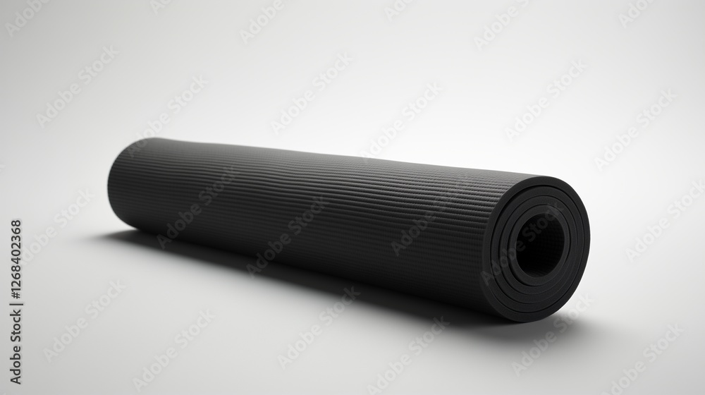 A sleek, black yoga mat, neatly rolled, with a soft shadow on a white background. A sleek, black yoga mat, neatly rolled, with a soft shadow on a white background.