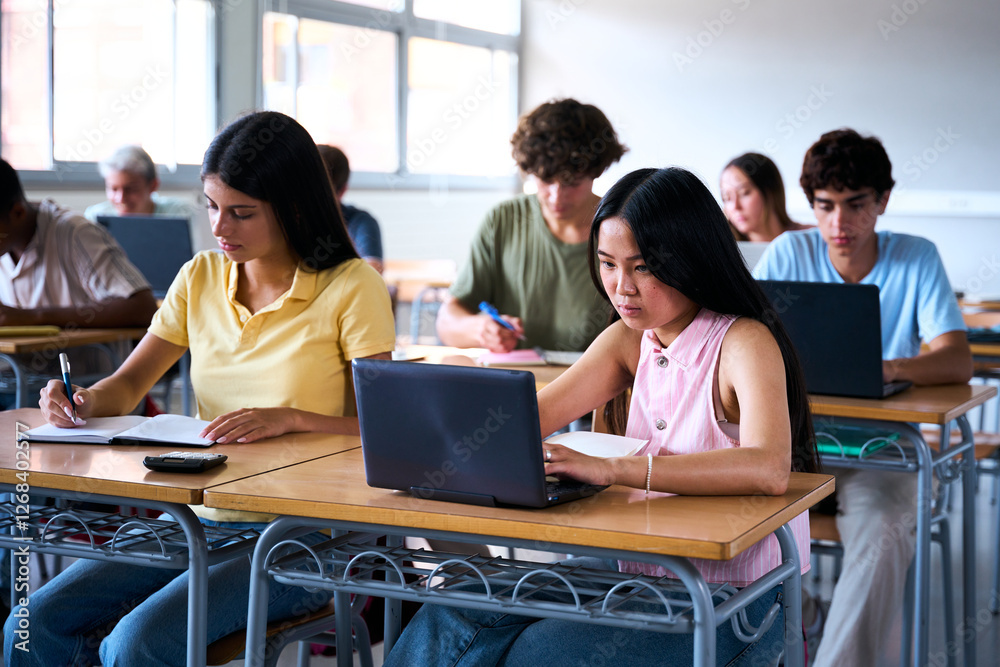 Cheerful Smiling Asian high school student girl using a laptop computer at class. A group of happy classmates in classroom. Education and technology. High quality photo Cheerful Smiling Asian high school student girl using a laptop computer at class. A group of happy classmates in classroom. Education and technology. High quality photo