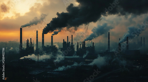 A massive industrial complex with smokestacks releasing