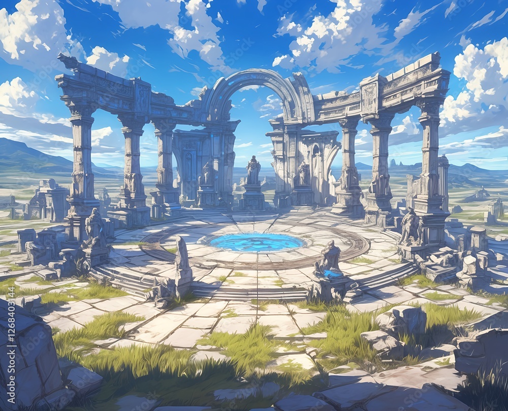 Fototapeta premium Ancient circular stone arena ruins with columns on grassy plain under cloudy sky