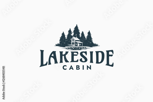 lake side cabin logo with a combination of a house silhouette and a view of pine trees on the edge of the lake