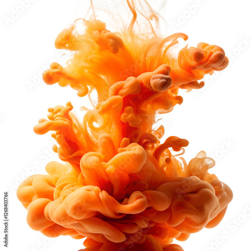 Abstract swirls of orange ink dispersing in water, creating fluid cloud-like formations with intricate patterns, isolated on a Transparent background.