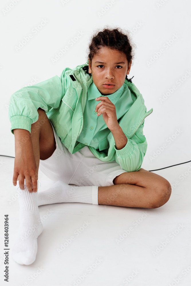 Fashionforward young boy in green jacket and white shorts sitting on white floor with trendy white socks Fashionforward young boy in green jacket and white shorts sitting on white floor with trendy white socks