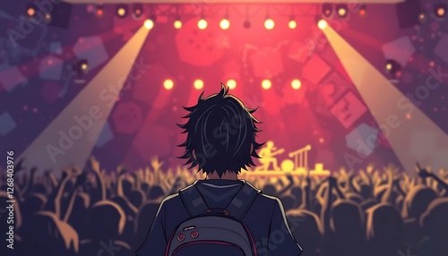Anime Boy Enjoying Live Music Concert with Crowd and Stage Lights