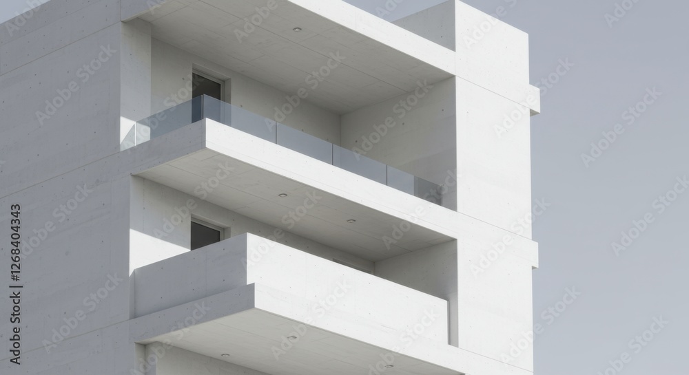 Fototapeta premium Modern concrete building with balconies against a clear sky backdrop