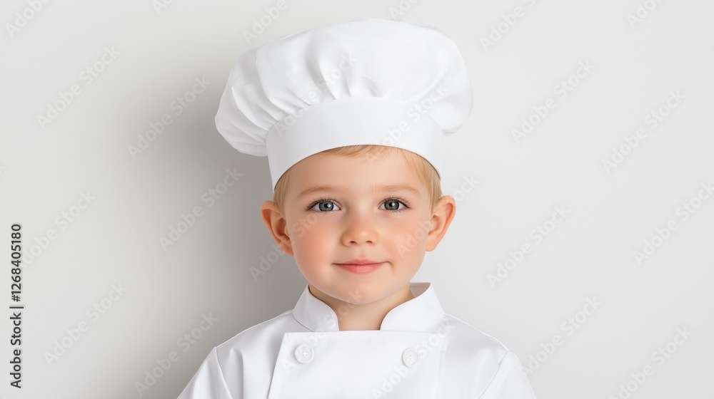 Adorable child chef wearing white hat and uniform against plain background Adorable child chef wearing white hat and uniform against plain background