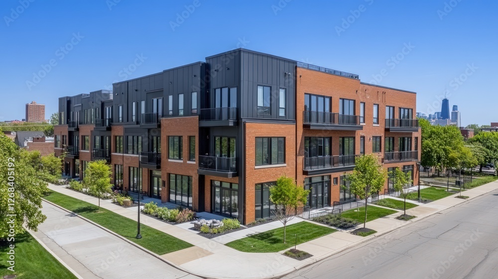 Modern brick apartment building with balconies and landscaping.