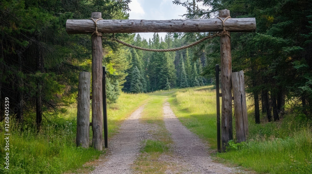 Rustic Wooden Gate Leading to a Serene Forest Path Rustic Wooden Gate Leading to a Serene Forest Path