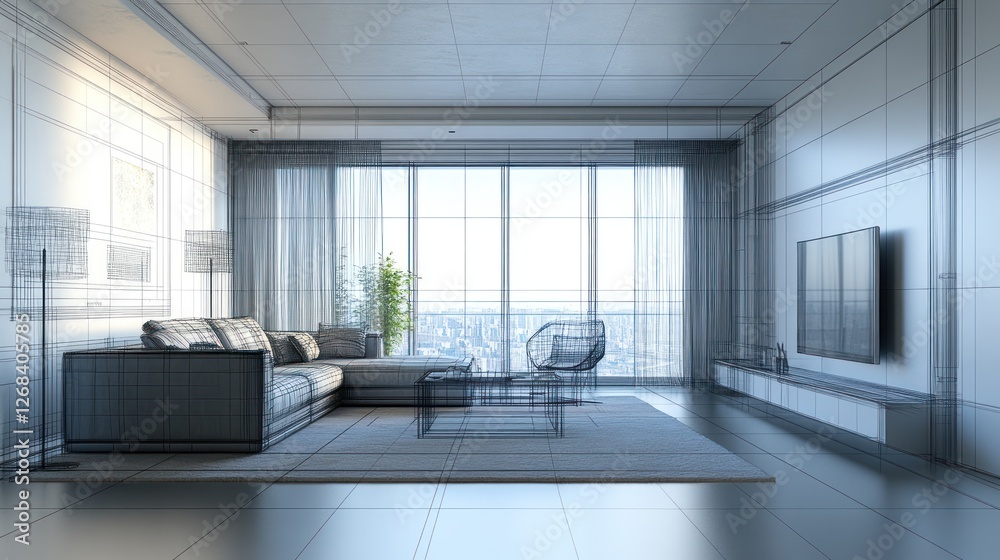 Fototapeta premium Modern Living Room Architectural Wireframe Design Visualization: Highrise Apartment Interior Blueprint