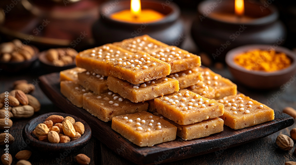 A festive Makar Sankranti banner with traditional Lohri platter featuring sesame chikkis, jaggery, roasted peanuts, and sugarcane, displayed on a rustic wooden table for a modern touch A festive Makar Sankranti banner with traditional Lohri platter featuring sesame chikkis, jaggery, roasted peanuts, and sugarcane, displayed on a rustic wooden table for a modern touch