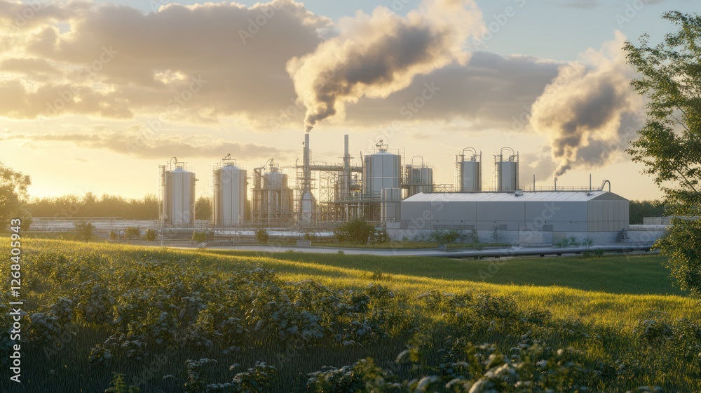 Industrial Sunset Landscape: A Biorefinery in Rural Setting at Golden Hour Industrial Sunset Landscape: A Biorefinery in Rural Setting at Golden Hour
