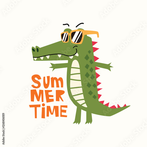 Childish poster with cute crocodile wearing sunglasses in summer time. Suitable for wall art, poster, t-shirt and others