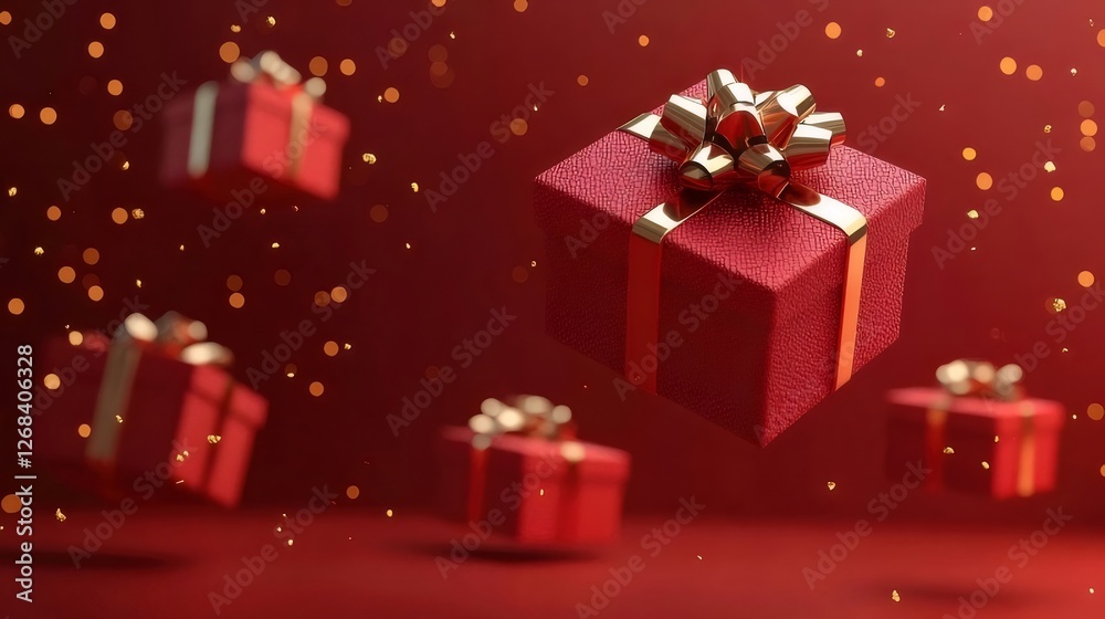Red gifts falling, bokeh background, festive Red gifts falling, bokeh background, festive
