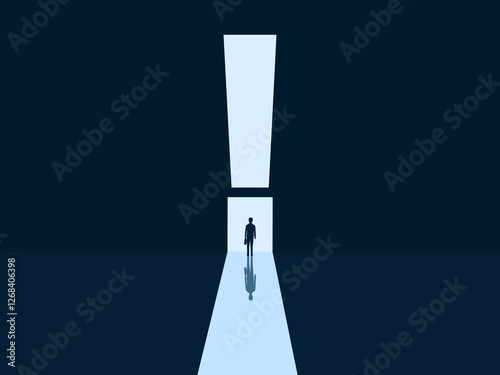 Challenge, Brave businessman standing in front of exclamation mark door