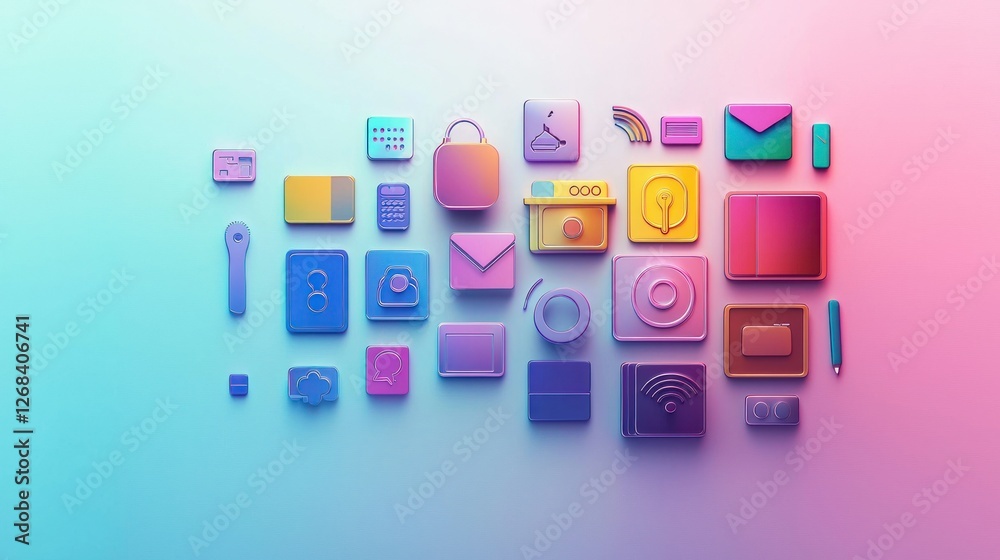 A minimalist banner with technology icons arranged in a grid, accented with vibrant colors. Stock photo A minimalist banner with technology icons arranged in a grid, accented with vibrant colors. Stock photo