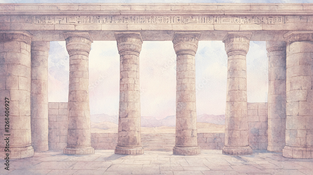 Fototapeta premium Watercolor Painting of an Ancient Temple in a Desert Landscape
