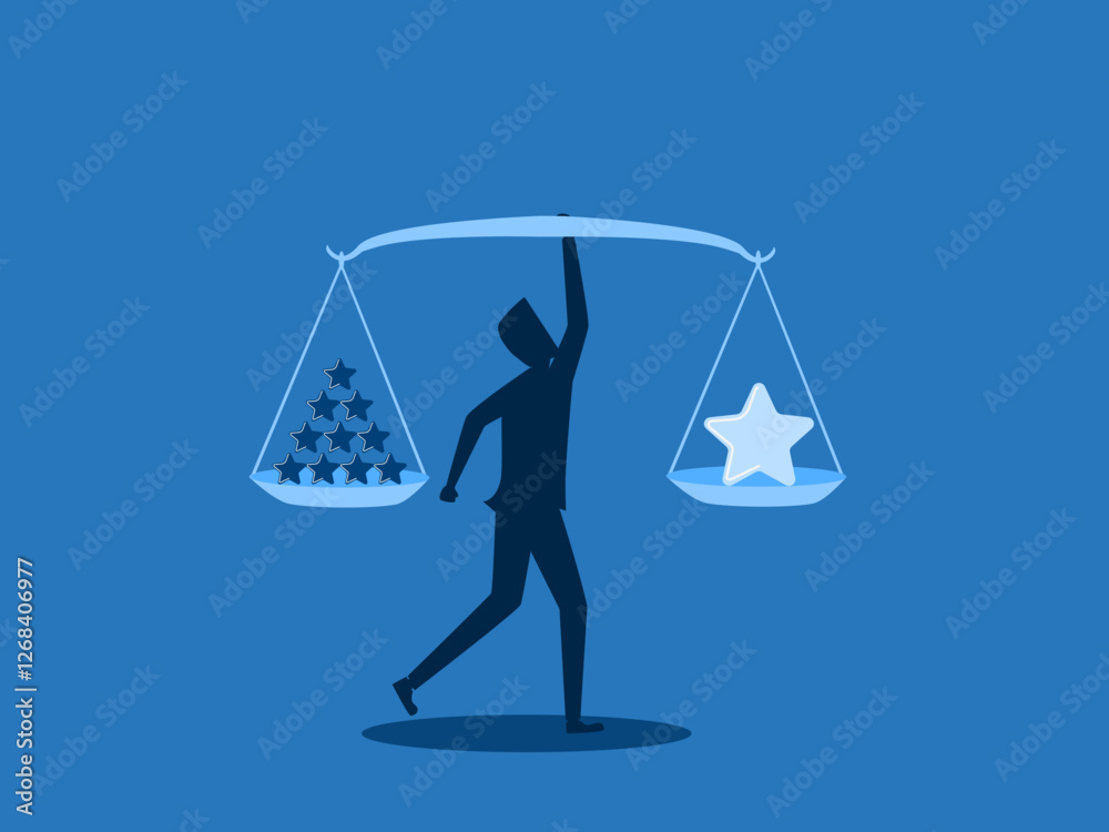 Select quality or quantity, Businessman holding scale with stars Select quality or quantity, Businessman holding scale with stars
