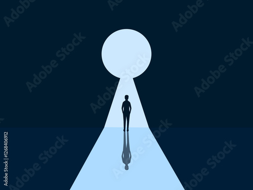 Discover New Opportunity, Confident Businessman Standing in Front of Keyhole Door