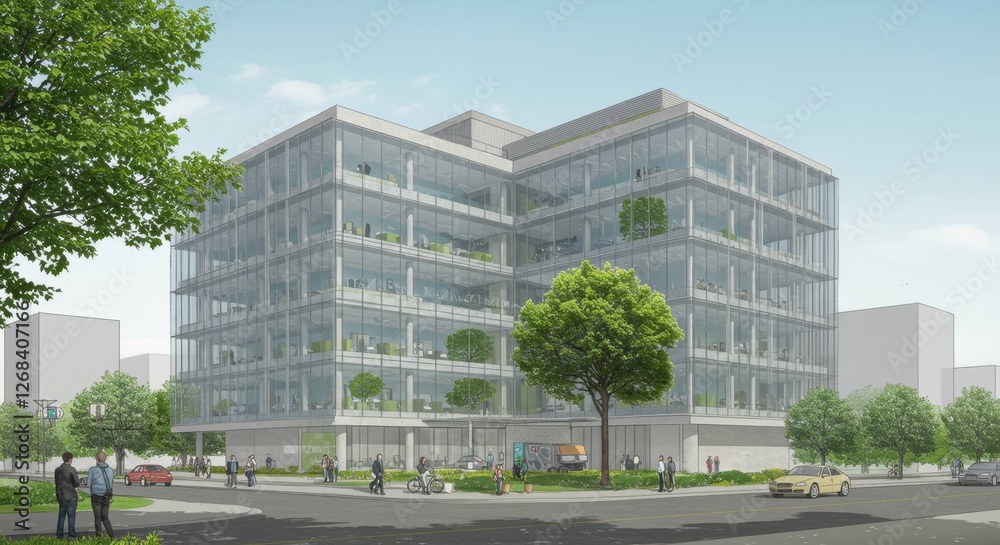 Modern office building with greenery, bustling street, and clear sky Modern office building with greenery, bustling street, and clear sky