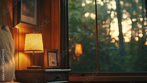 Sunset Serenity: Cabin Lamplight and Forest View