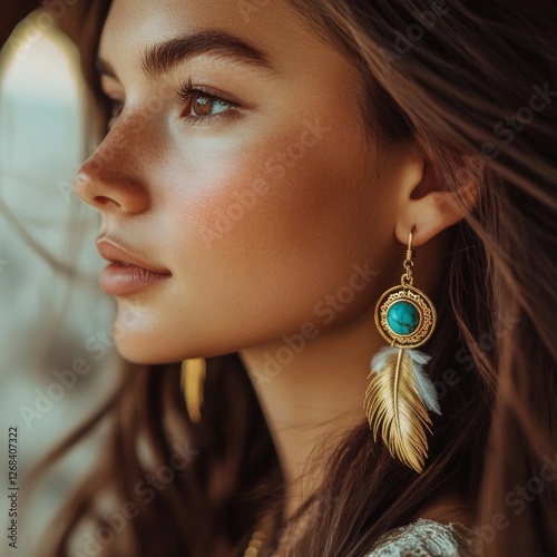Elegant woman with feather earrings and turquoise jewelry embracing bohemian style