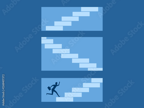 Step by step development, Progress, Businessman running up the stairs