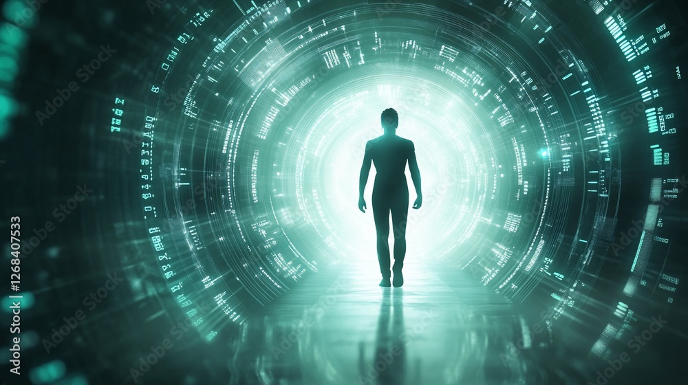 Silhouette figure walking towards bright light in futuristic tunnel. Silhouette figure walking towards bright light in futuristic tunnel.