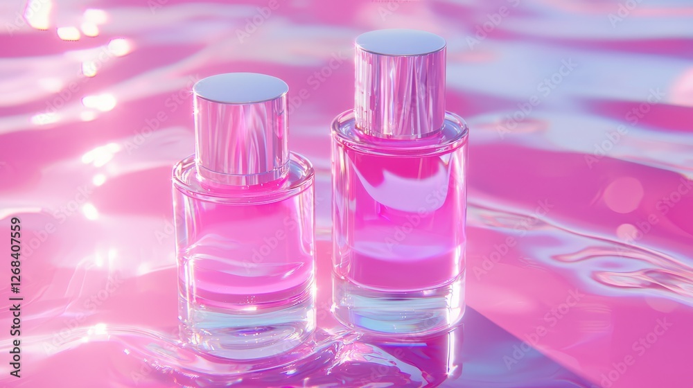 Two glass perfume bottles filled with pink liquid stand out Two glass perfume bottles filled with pink liquid stand out