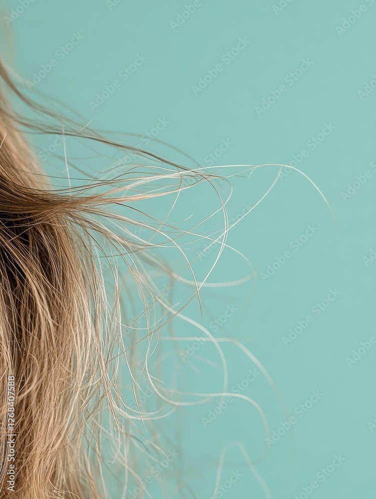 Fototapeta premium Close up view of frayed hair tips showcasing split ends with soft pastel background for creative text editing. Generative AI