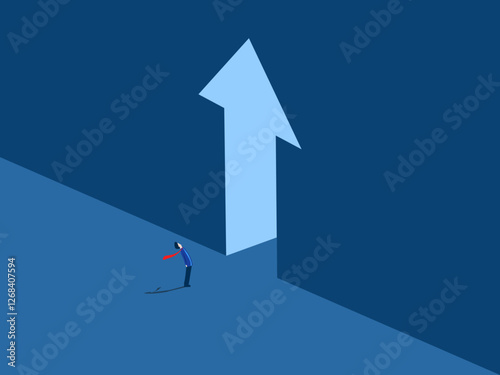 Better future, Businessman stands looking at the arrow growth door