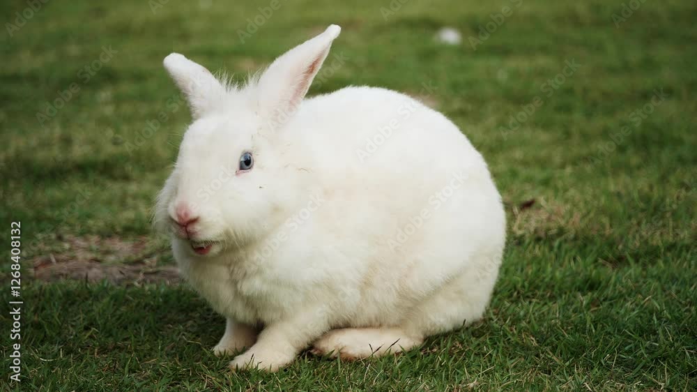 A cute white rabbit sitting on green grass A cute white rabbit sitting on green grass