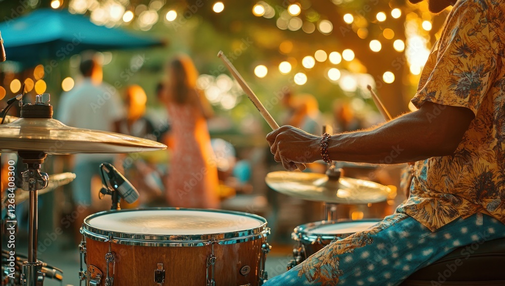 Naklejka premium Summer Night Concert: Drummer in Action