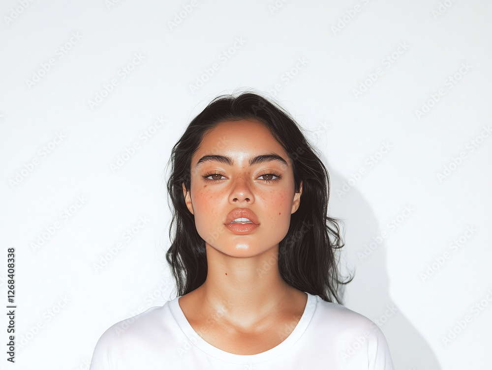 gen z beauty brunette white t shirt plain white studio background beautiful exotic woman with full lips and bushy full eyebrows natural makeup and suntan gen z beauty brunette white t shirt plain white studio background beautiful exotic woman with full lips and bushy full eyebrows natural makeup and suntan