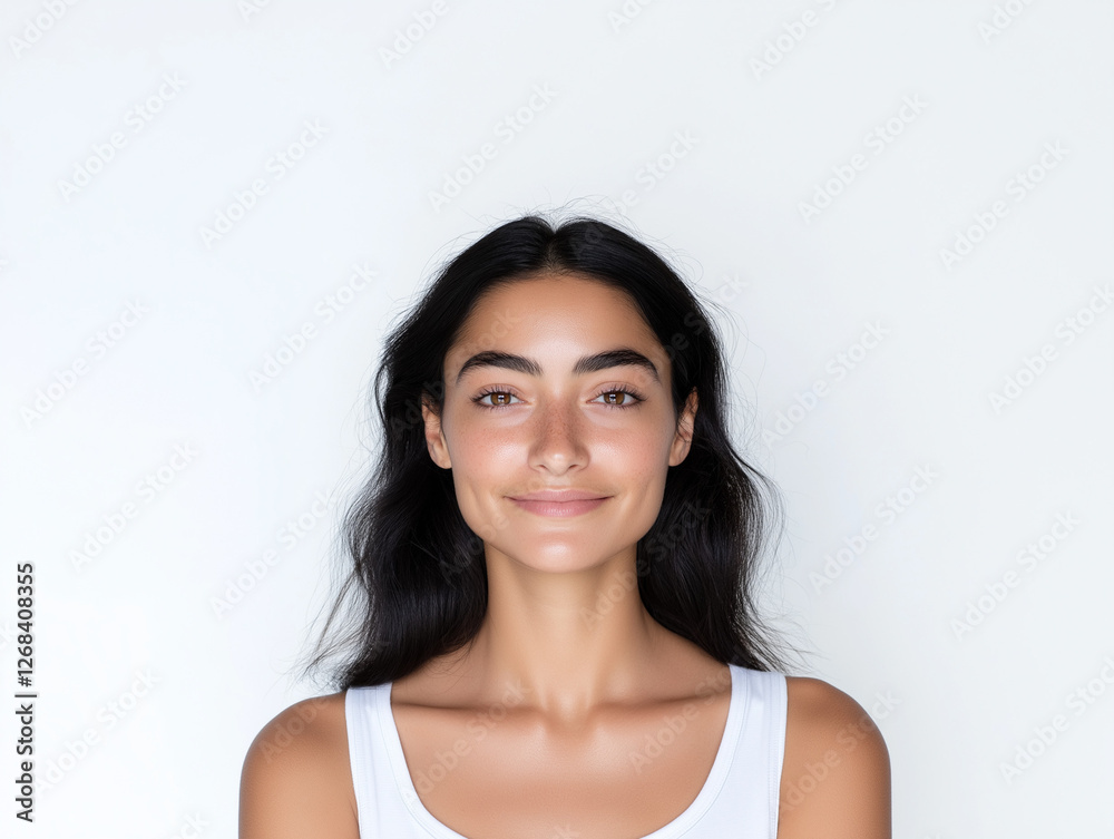 south asian arab woman with brunette black wavy hair and white shirt top tanned skin full eyebrows studio shoot and white background south asian arab woman with brunette black wavy hair and white shirt top tanned skin full eyebrows studio shoot and white background
