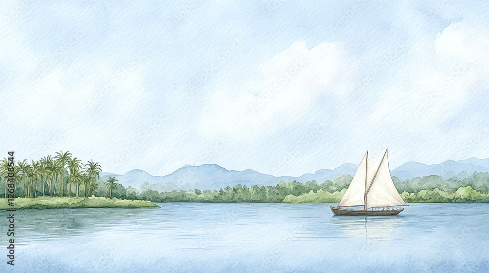 Obraz premium Serene Watercolor Landscape with Sailboat