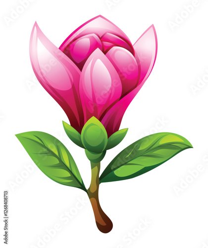 Pink magnolia flower with leaves, partially open blossom. Vector cartoon illustration isolated on white background