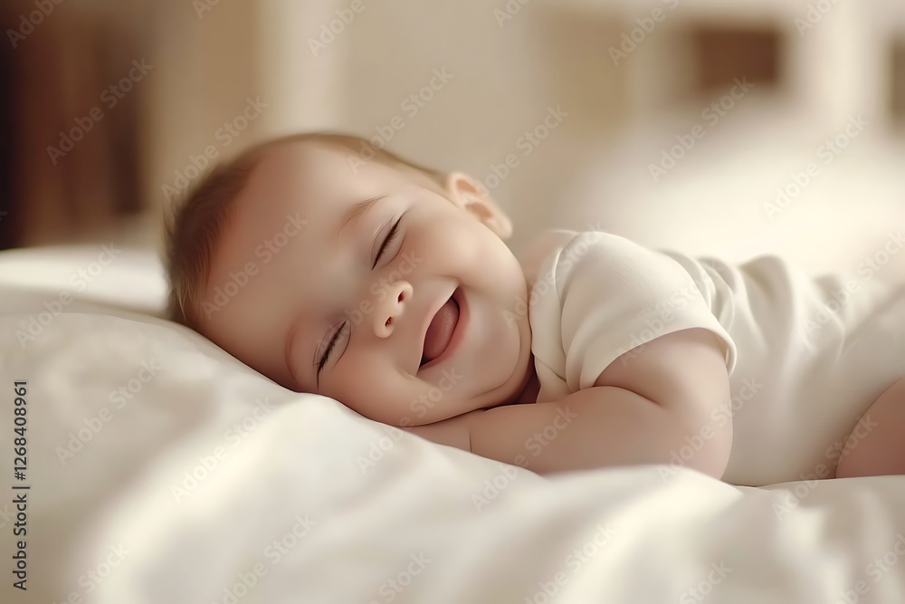 A chubby newborn baby smiling in sleep