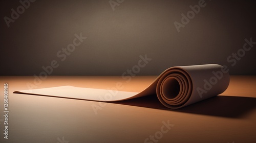 A yoga mat partially unrolled, forming a graceful curve, artistic minimalism. photo