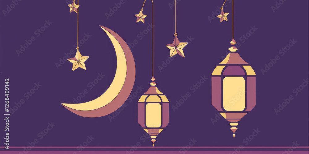 Minimalist Ramadan Design with Crescent Moon and Lanterns, Minimal Flat Vector Illustration of Crescent Moon, Stars, and Lanterns – Ramadan Theme Minimalist Ramadan Design with Crescent Moon and Lanterns, Minimal Flat Vector Illustration of Crescent Moon, Stars, and Lanterns – Ramadan Theme