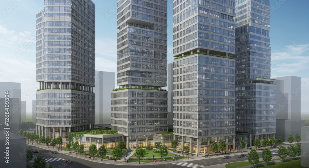 Modern skyscrapers with green spaces and urban activity in background Modern skyscrapers with green spaces and urban activity in background