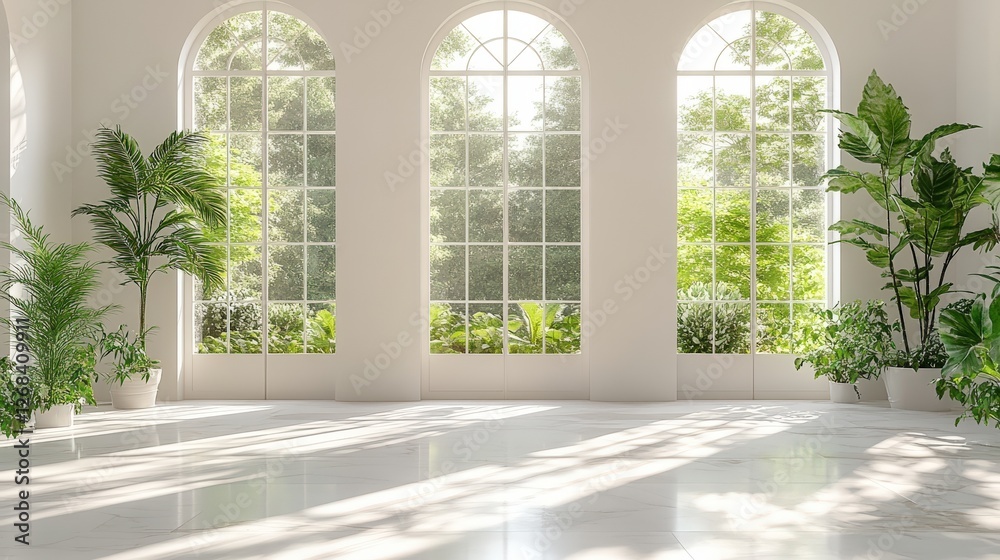 Fototapeta premium Interior of a bright room with numerous windows plants and a doorway without any people present