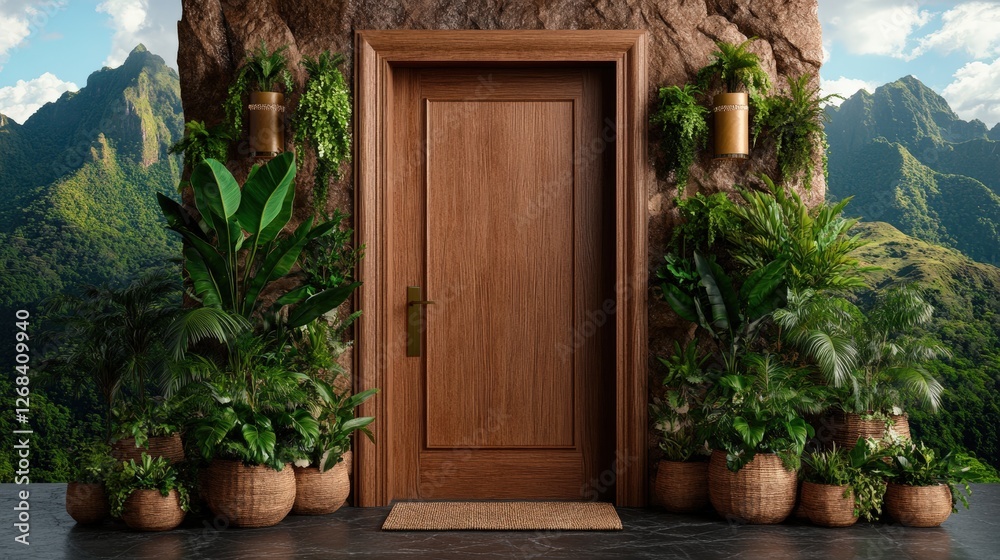 Fototapeta premium Wooden door with plant in front of home doorway showcasing interior details in studio lighting